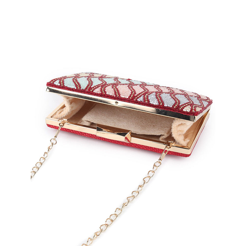 Odette Maroon and Multicolor Beads Embellished Clutch For Women