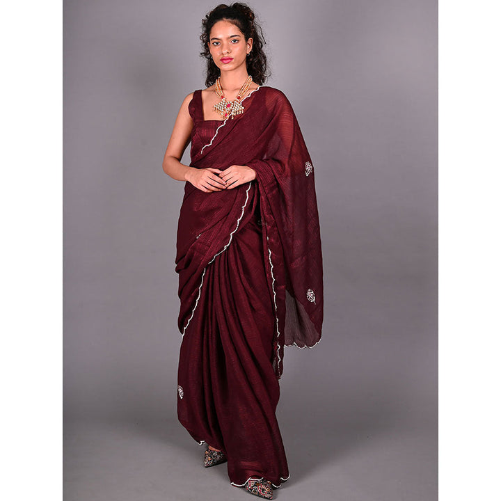 Odette Maroon Silk Blend Embroidered Saree For Women with Unstitched Blouse