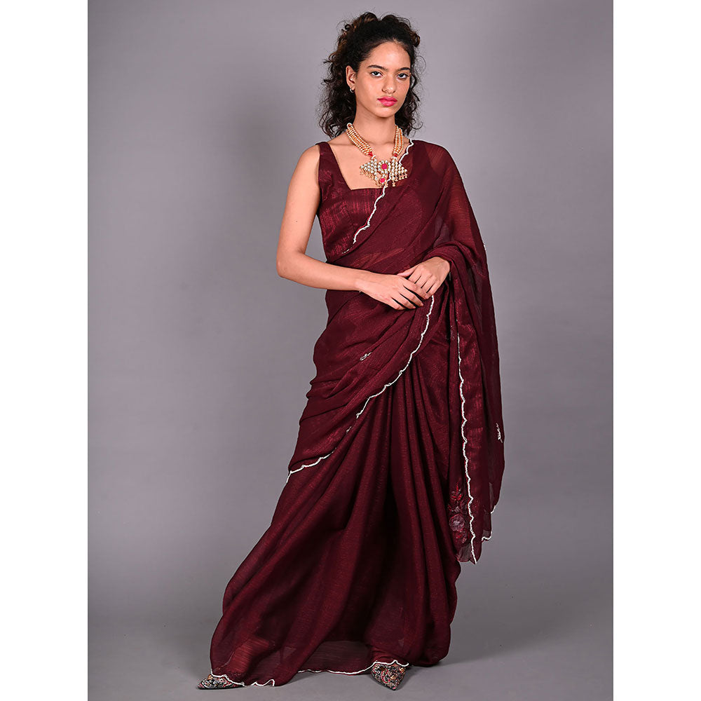 Odette Maroon Silk Blend Embroidered Saree For Women with Unstitched Blouse