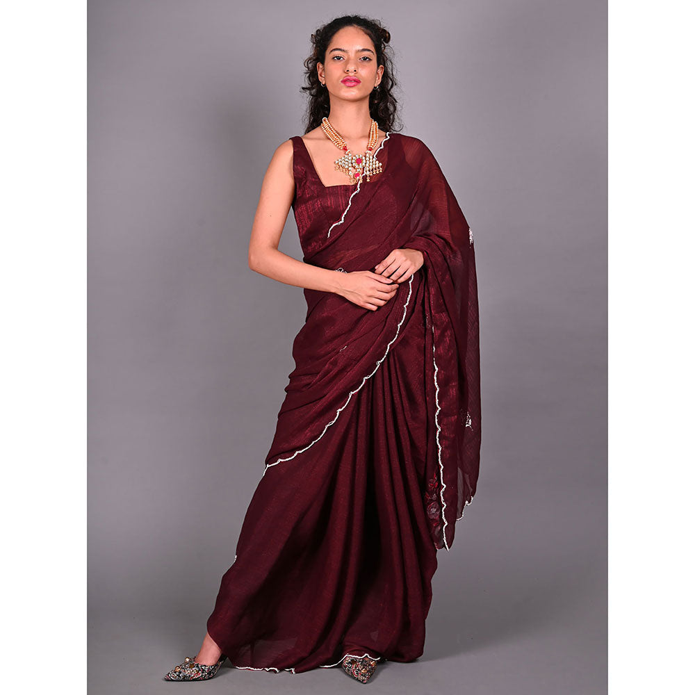 Odette Maroon Silk Blend Embroidered Saree For Women with Unstitched Blouse