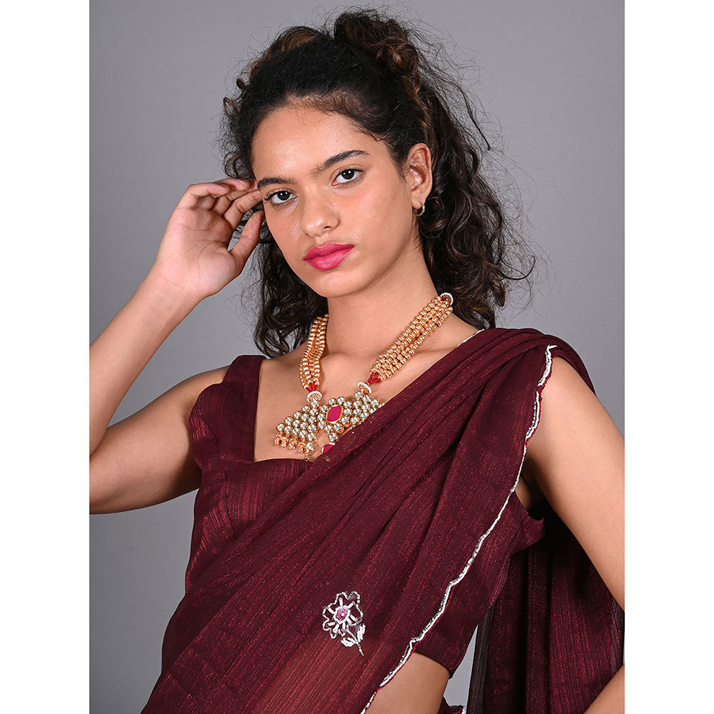 Odette Maroon Silk Blend Embroidered Saree For Women with Unstitched Blouse