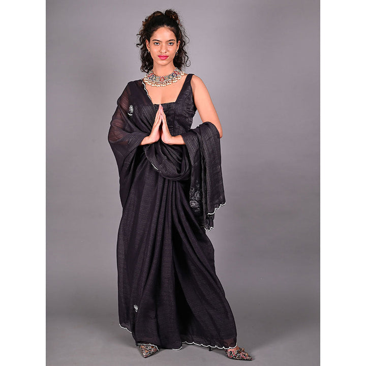 Odette Black Silk Blend Embroidered Saree For Women with Unstitched Blouse