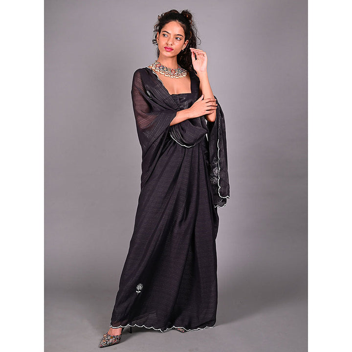 Odette Black Silk Blend Embroidered Saree For Women with Unstitched Blouse