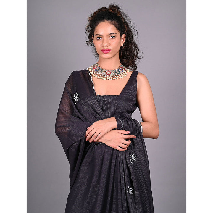 Odette Black Silk Blend Embroidered Saree For Women with Unstitched Blouse