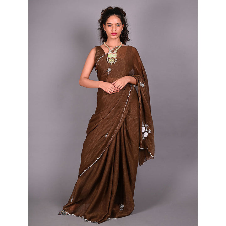 Odette Brown Silk Blend Embroidered Saree For Women with Unstitched Blouse