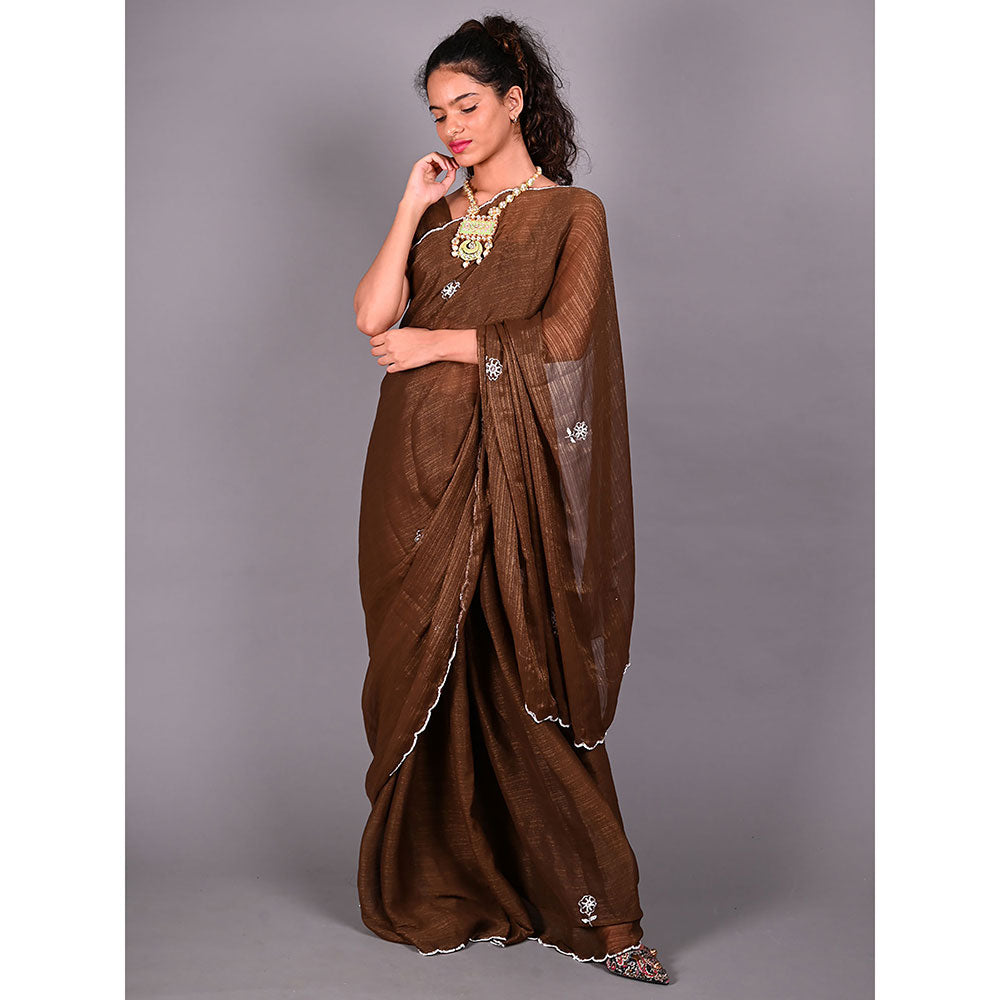 Odette Brown Silk Blend Embroidered Saree For Women with Unstitched Blouse