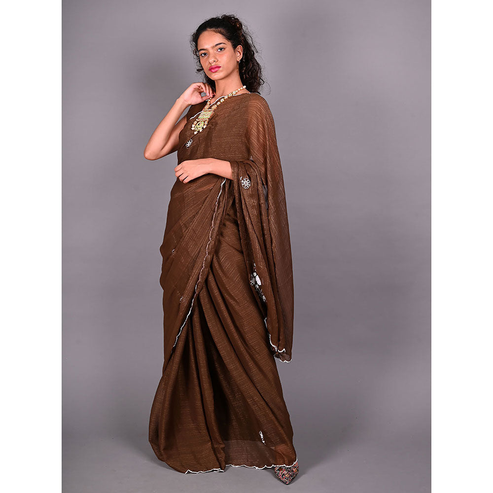 Odette Brown Silk Blend Embroidered Saree For Women with Unstitched Blouse