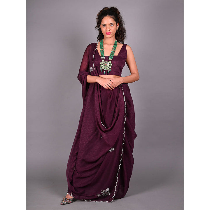 Odette Wine Silk Blend Embroidered Saree For Women with Unstitched Blouse