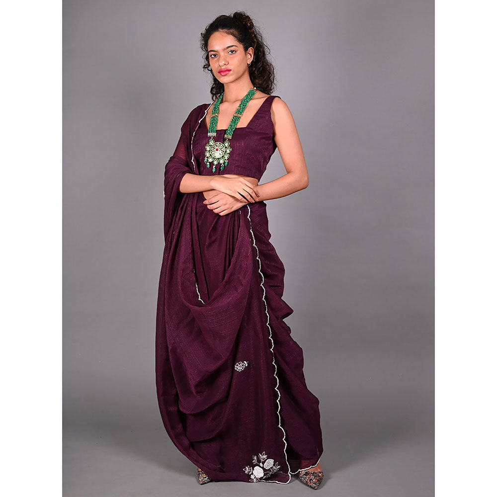 Odette Wine Silk Blend Embroidered Saree For Women with Unstitched Blouse