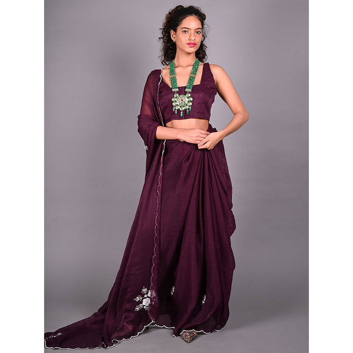 Odette Wine Silk Blend Embroidered Saree For Women with Unstitched Blouse