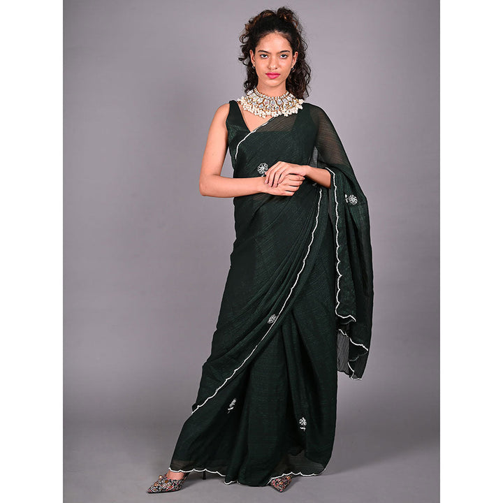 Odette Green Silk Blend Embroidered Saree For Women with Unstitched Blouse