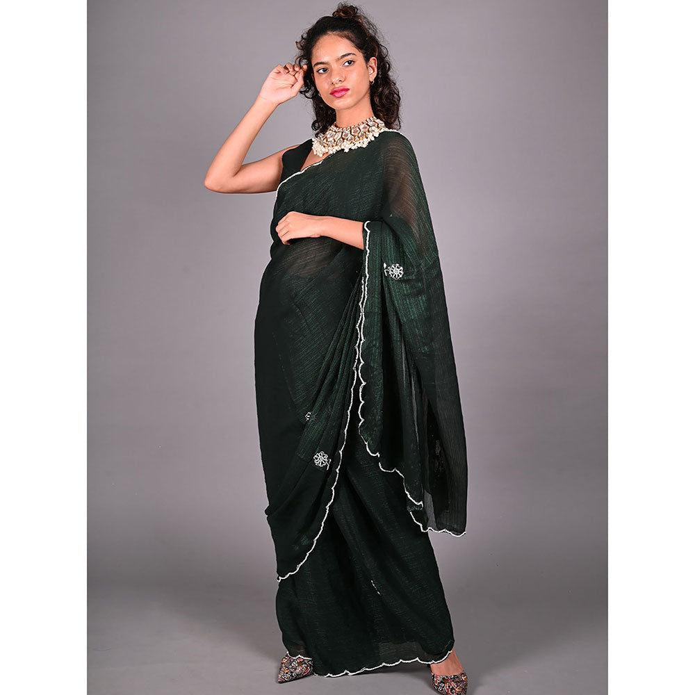 Odette Green Silk Blend Embroidered Saree For Women with Unstitched Blouse