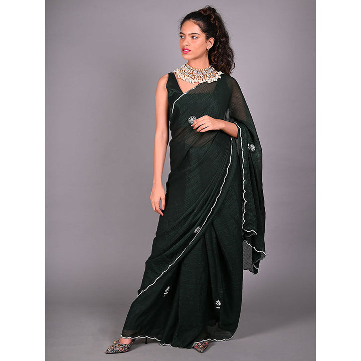 Odette Green Silk Blend Embroidered Saree For Women with Unstitched Blouse