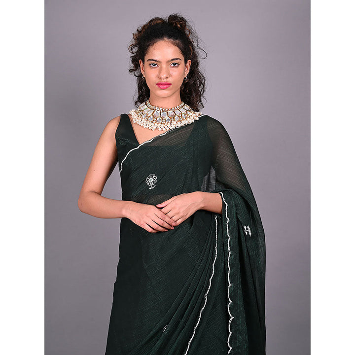 Odette Green Silk Blend Embroidered Saree For Women with Unstitched Blouse