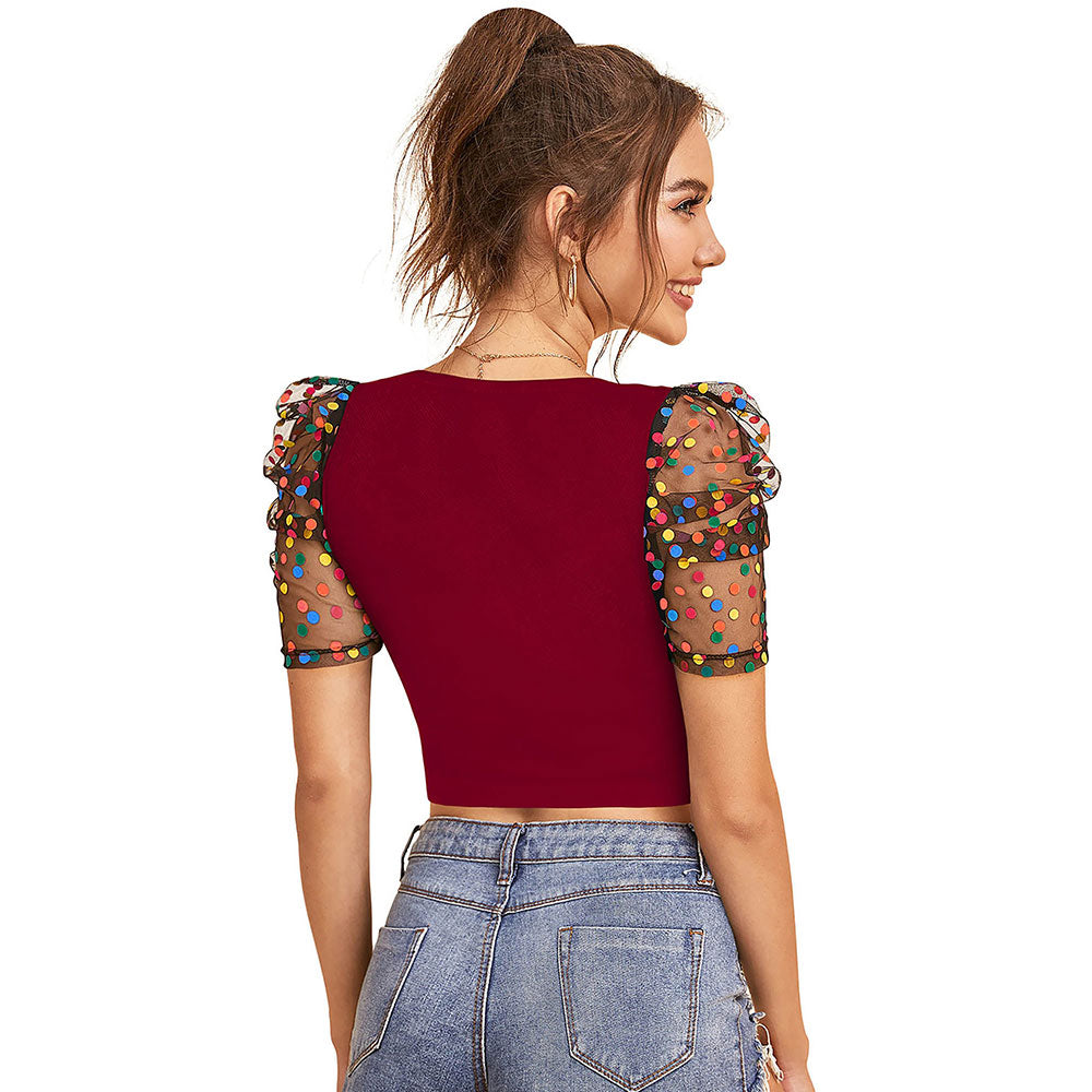 Odette Maroon Knit Fabric Crop Top for Women