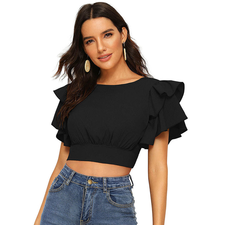 Odette Black Knit Fabric Crop Top for Women