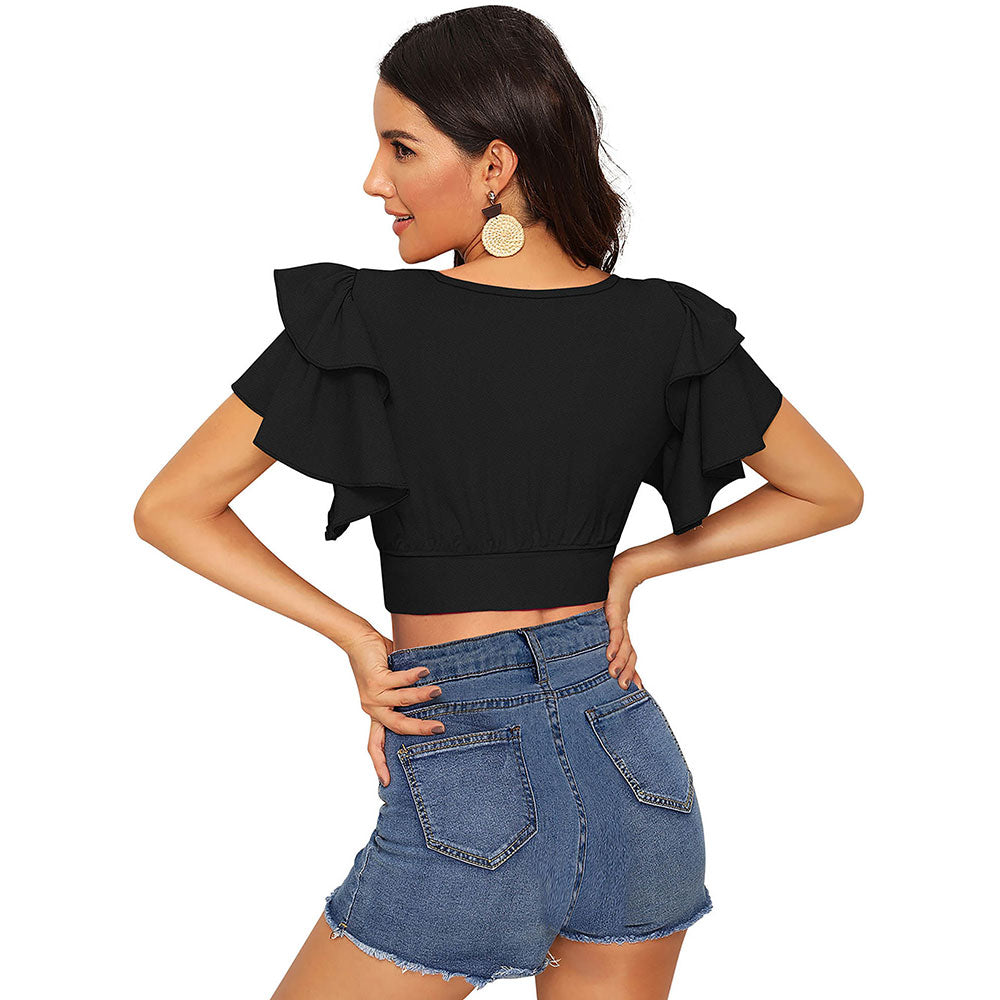 Odette Black Knit Fabric Crop Top for Women