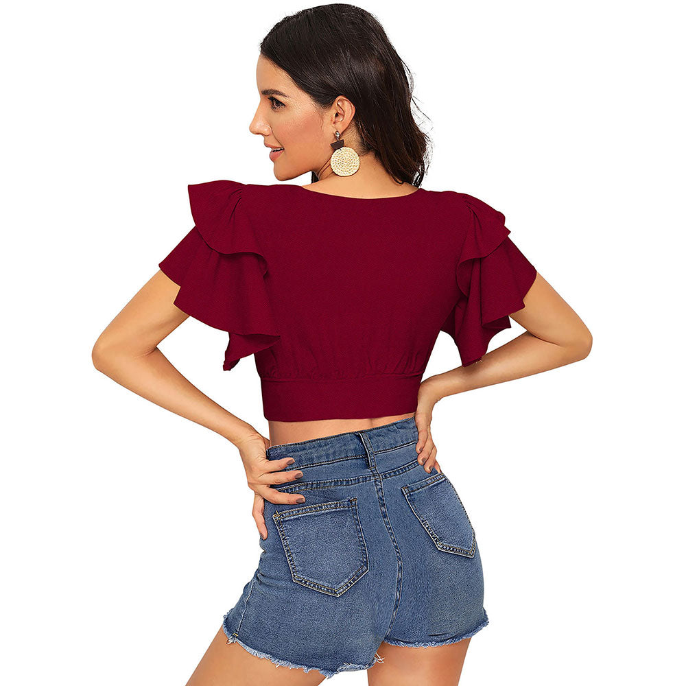 Odette Maroon Knit Fabric Crop Top for Women