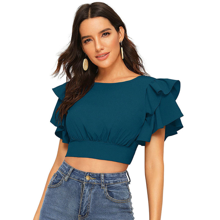 Odette Teal Knit Fabric Crop Top for Women