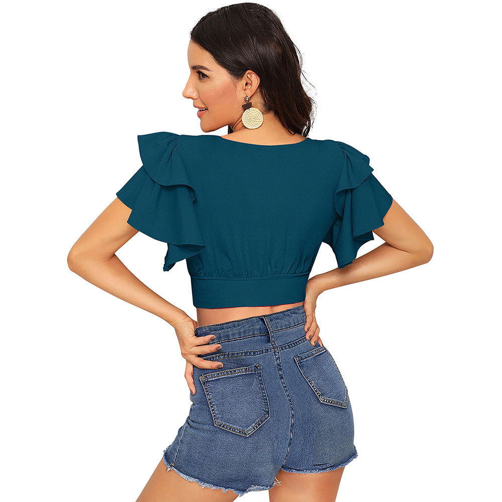 Odette Teal Knit Fabric Crop Top for Women