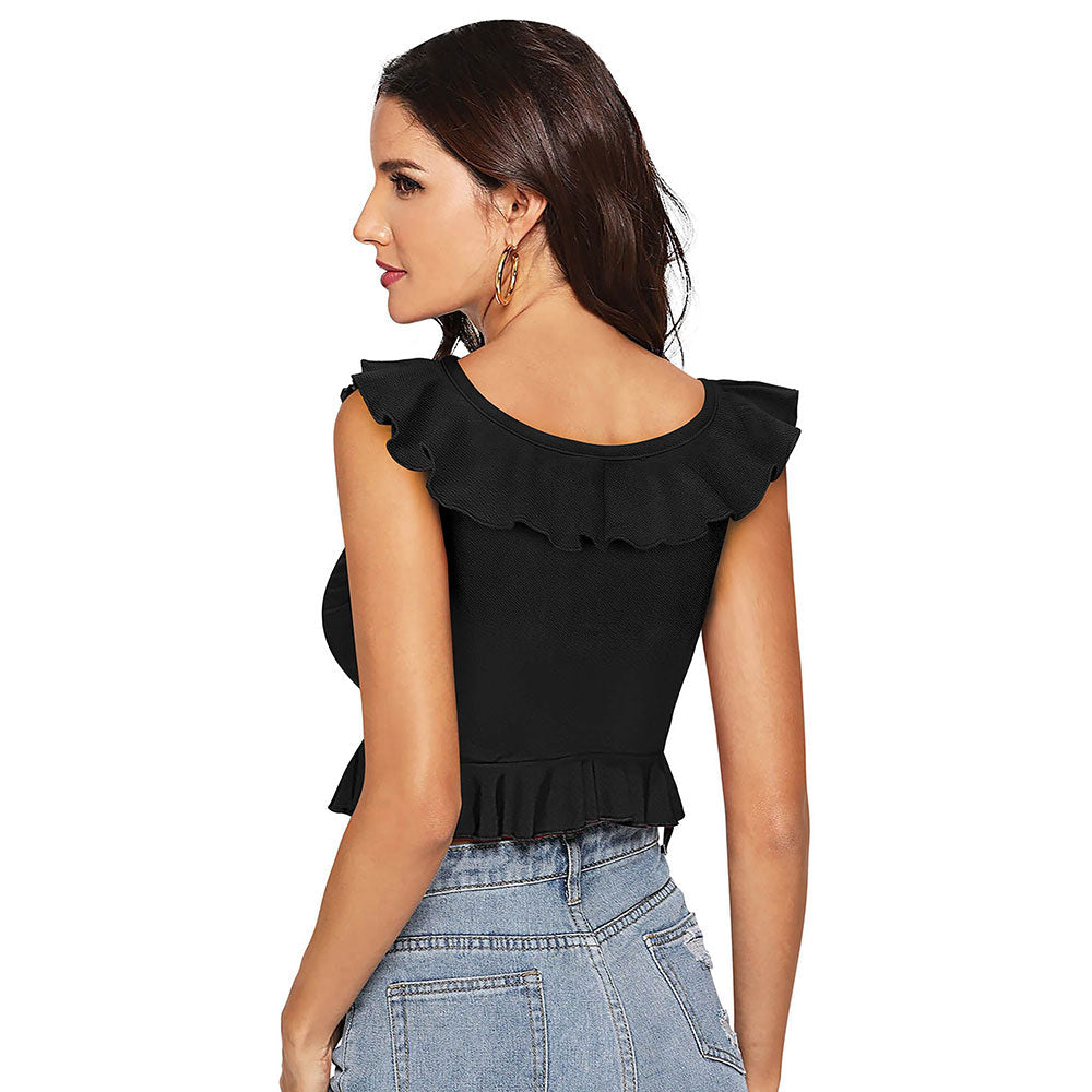 Odette Black Knit Fabric Crop Top for Women