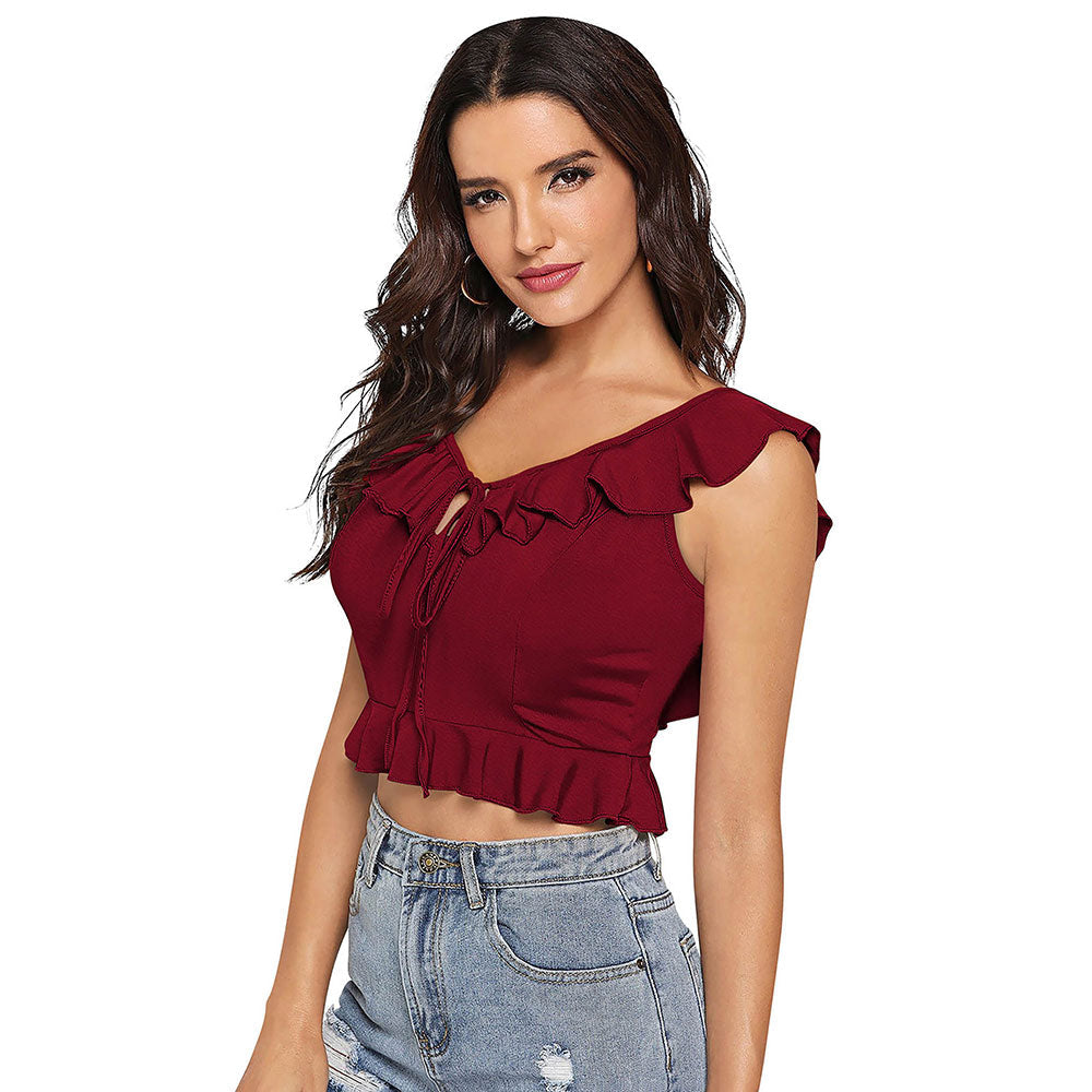 Odette Maroon Knit Fabric Crop Top for Women