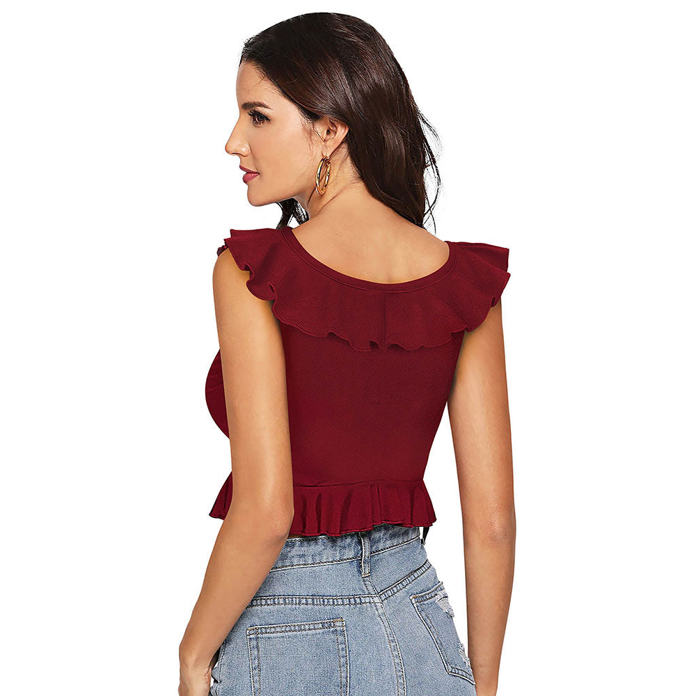 Odette Maroon Knit Fabric Crop Top for Women