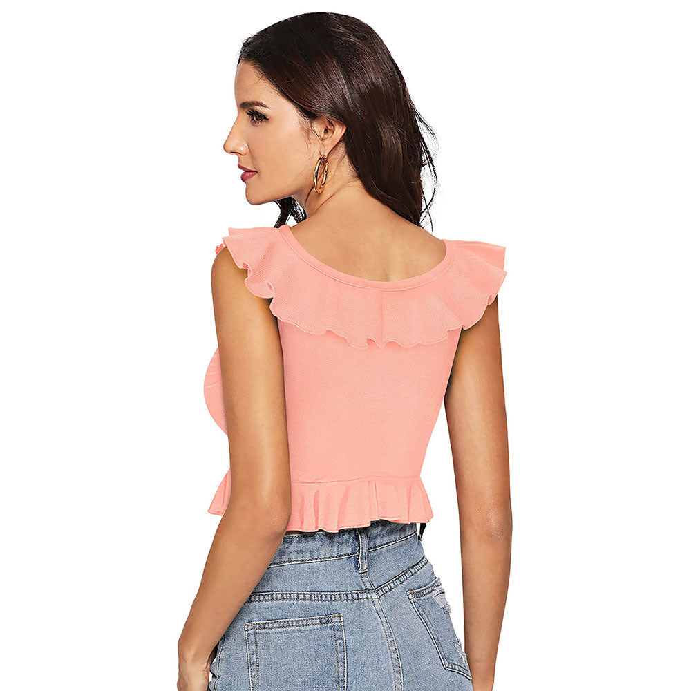 Odette Peach Knit Fabric Crop Top for Women