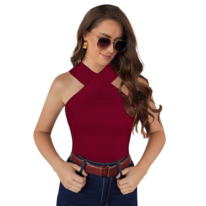 Odette Maroon Knit Fabric Top for Women