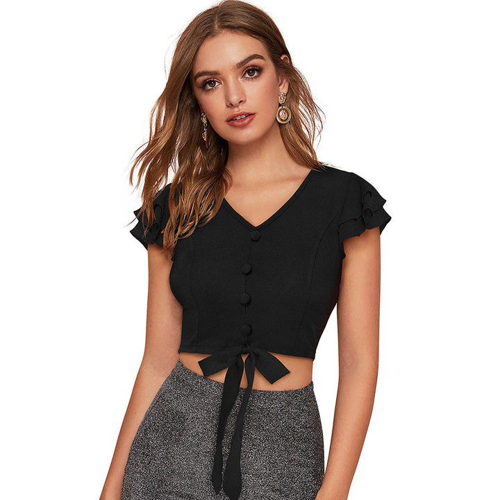 Odette Black Knit Fabric Crop Top for Women