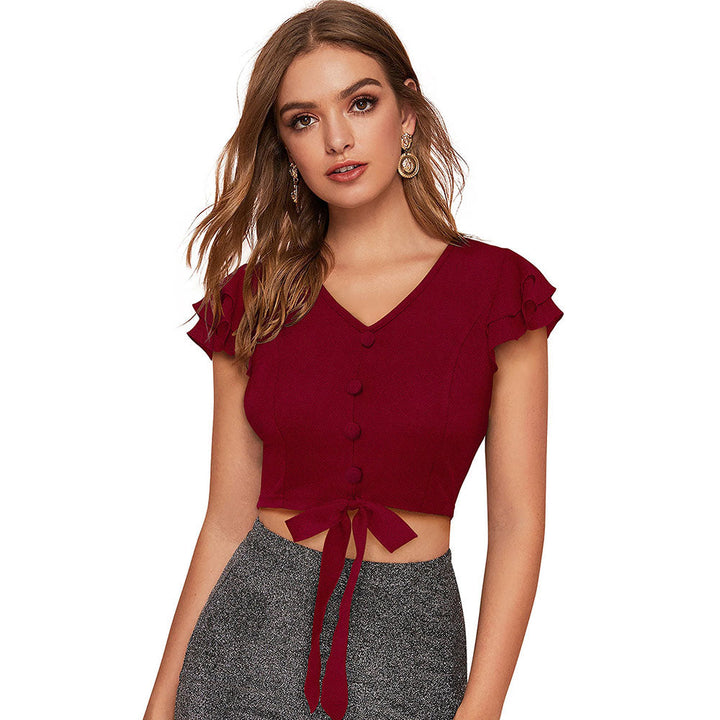 Odette Maroon Knit Fabric Crop Top for Women