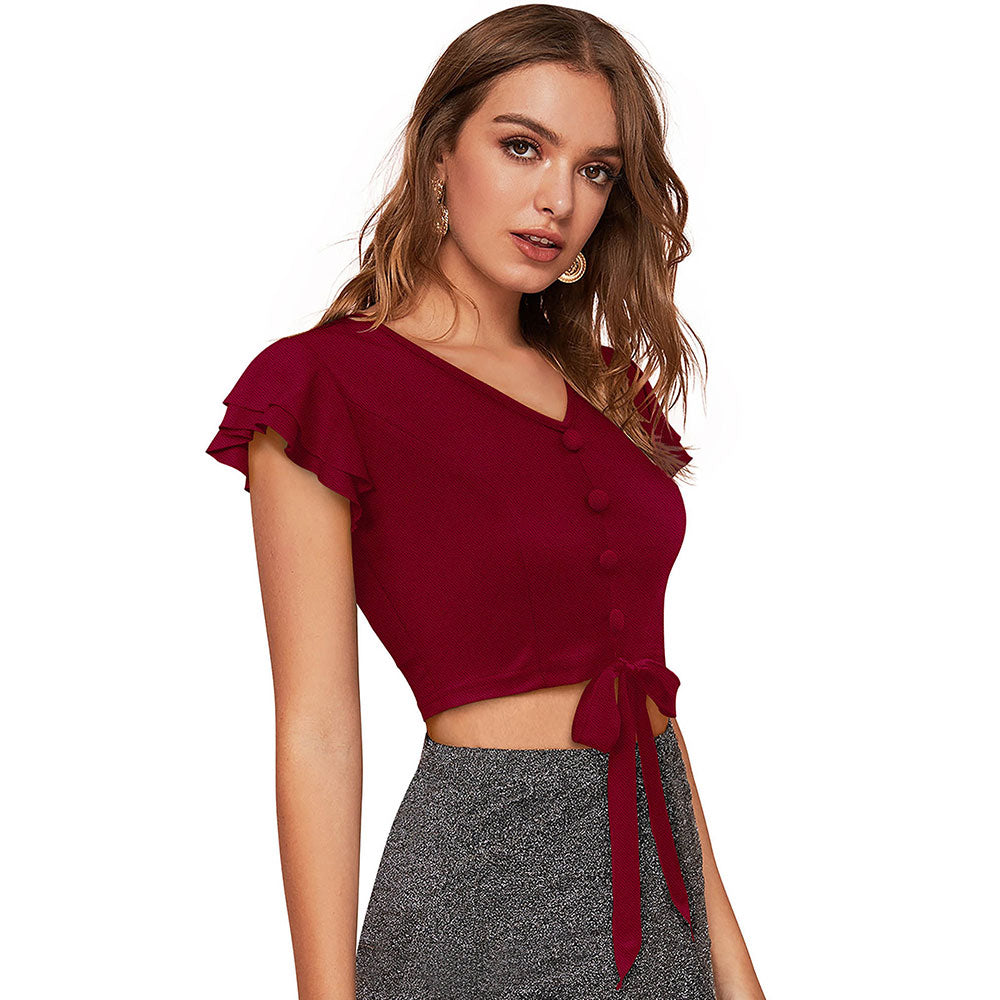 Odette Maroon Knit Fabric Crop Top for Women