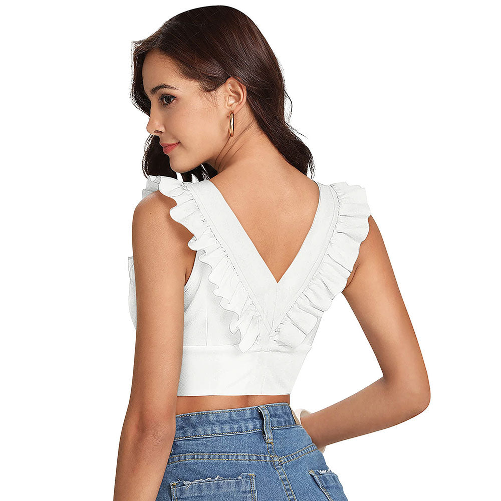 Odette White Knit Fabric Crop Top for Women