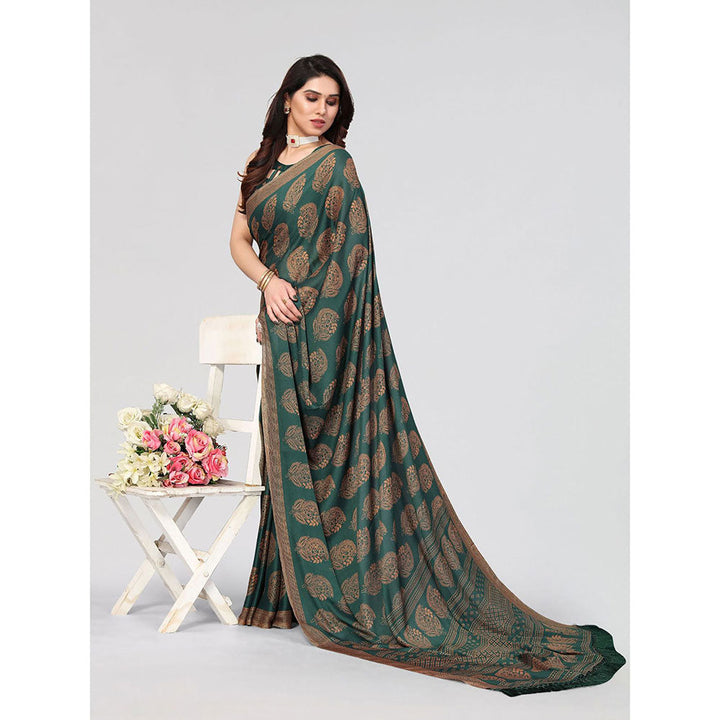 Odette Partywear Dark Green Printed Moss Chiffon Saree with Unstitched Blouse for Women