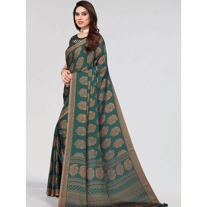 Odette Partywear Dark Green Printed Moss Chiffon Saree with Unstitched Blouse for Women