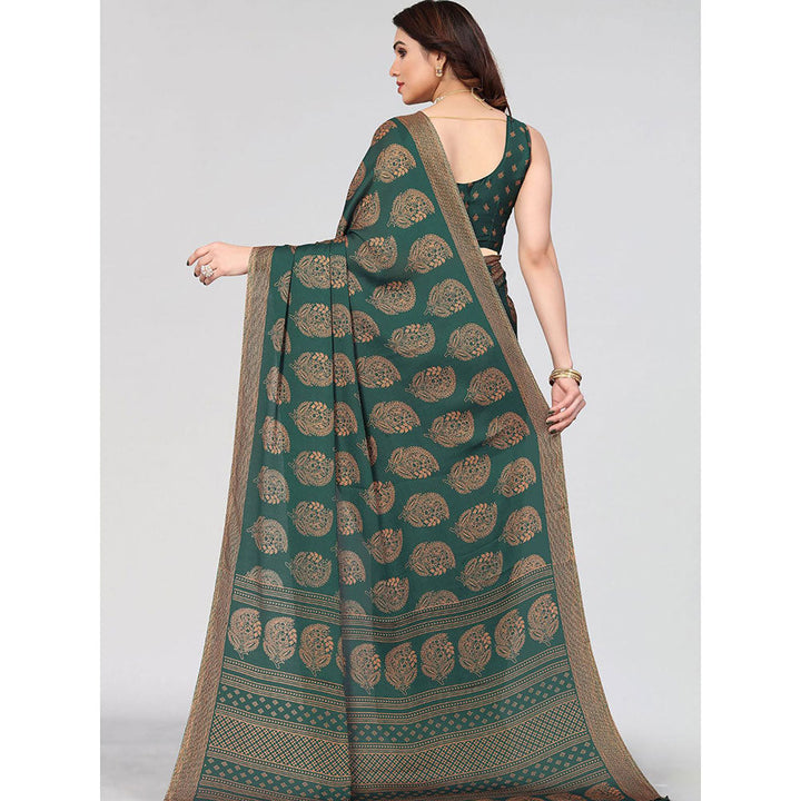 Odette Partywear Dark Green Printed Moss Chiffon Saree with Unstitched Blouse for Women