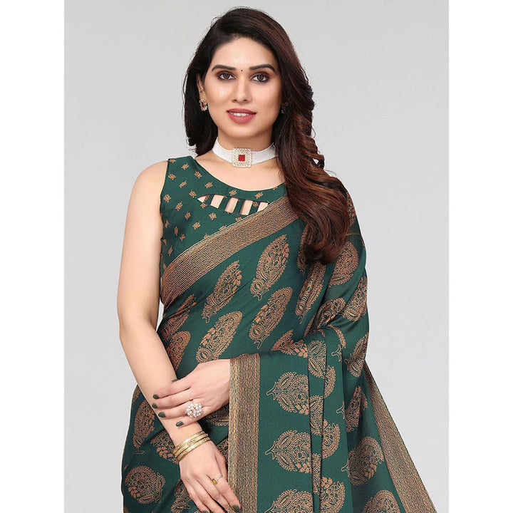 Odette Partywear Dark Green Printed Moss Chiffon Saree with Unstitched Blouse for Women