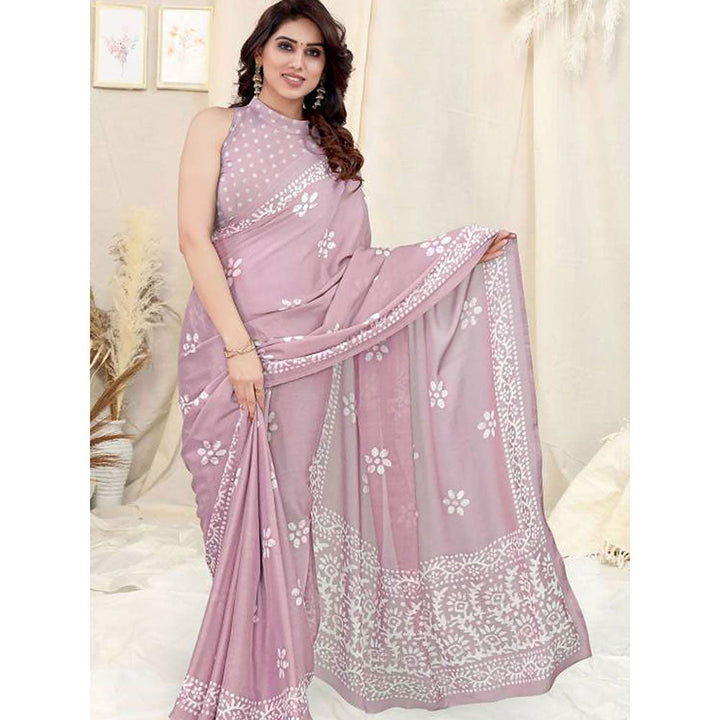 Odette Partywear Pink Printed Chinon Chiffon Saree with Unstitched Blouse for Women