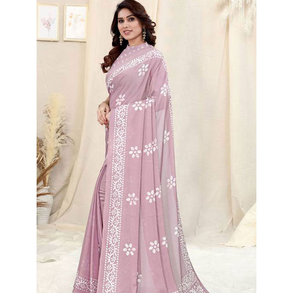 Odette Partywear Pink Printed Chinon Chiffon Saree with Unstitched Blouse for Women