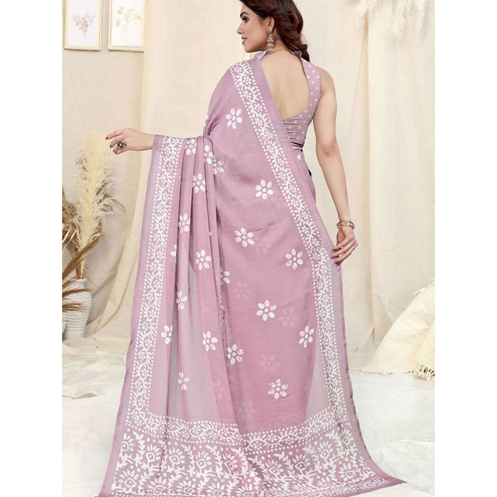 Odette Partywear Pink Printed Chinon Chiffon Saree with Unstitched Blouse for Women