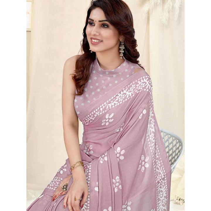 Odette Partywear Pink Printed Chinon Chiffon Saree with Unstitched Blouse for Women