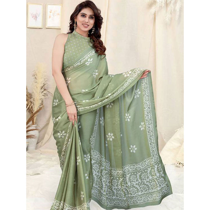 Odette Partywear Light Green Printed Chinon Chiffon Saree with Unstitched Blouse for Women