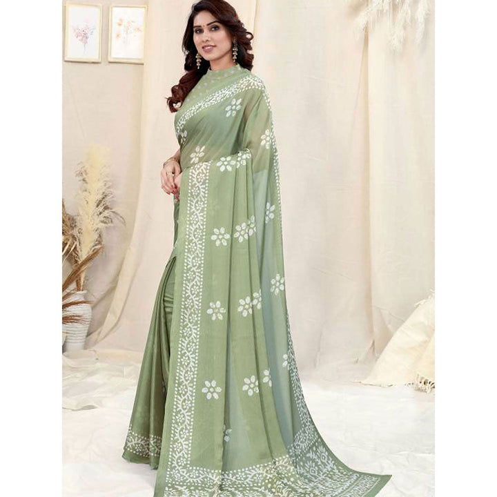 Odette Partywear Light Green Printed Chinon Chiffon Saree with Unstitched Blouse for Women