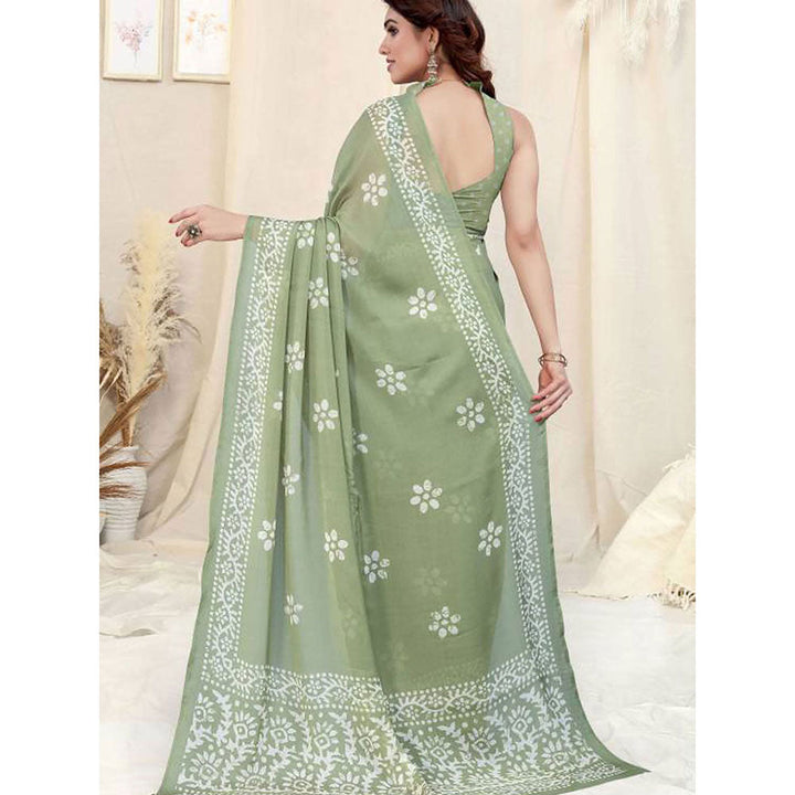 Odette Partywear Light Green Printed Chinon Chiffon Saree with Unstitched Blouse for Women