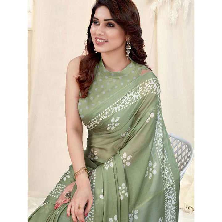 Odette Partywear Light Green Printed Chinon Chiffon Saree with Unstitched Blouse for Women