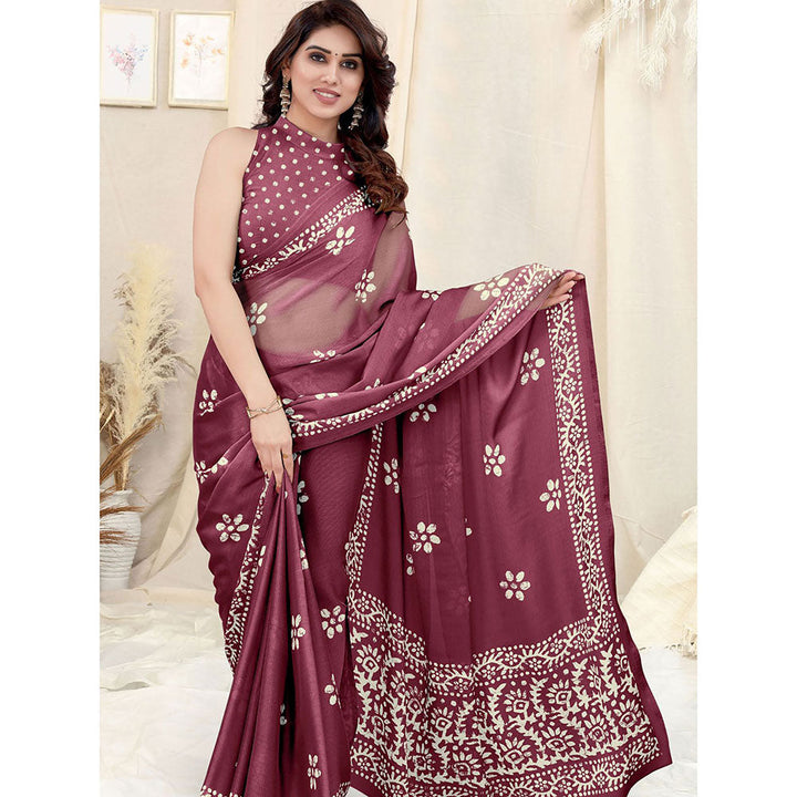 Odette Partywear Magenta Printed Chinon Chiffon Saree with Unstitched Blouse for Women