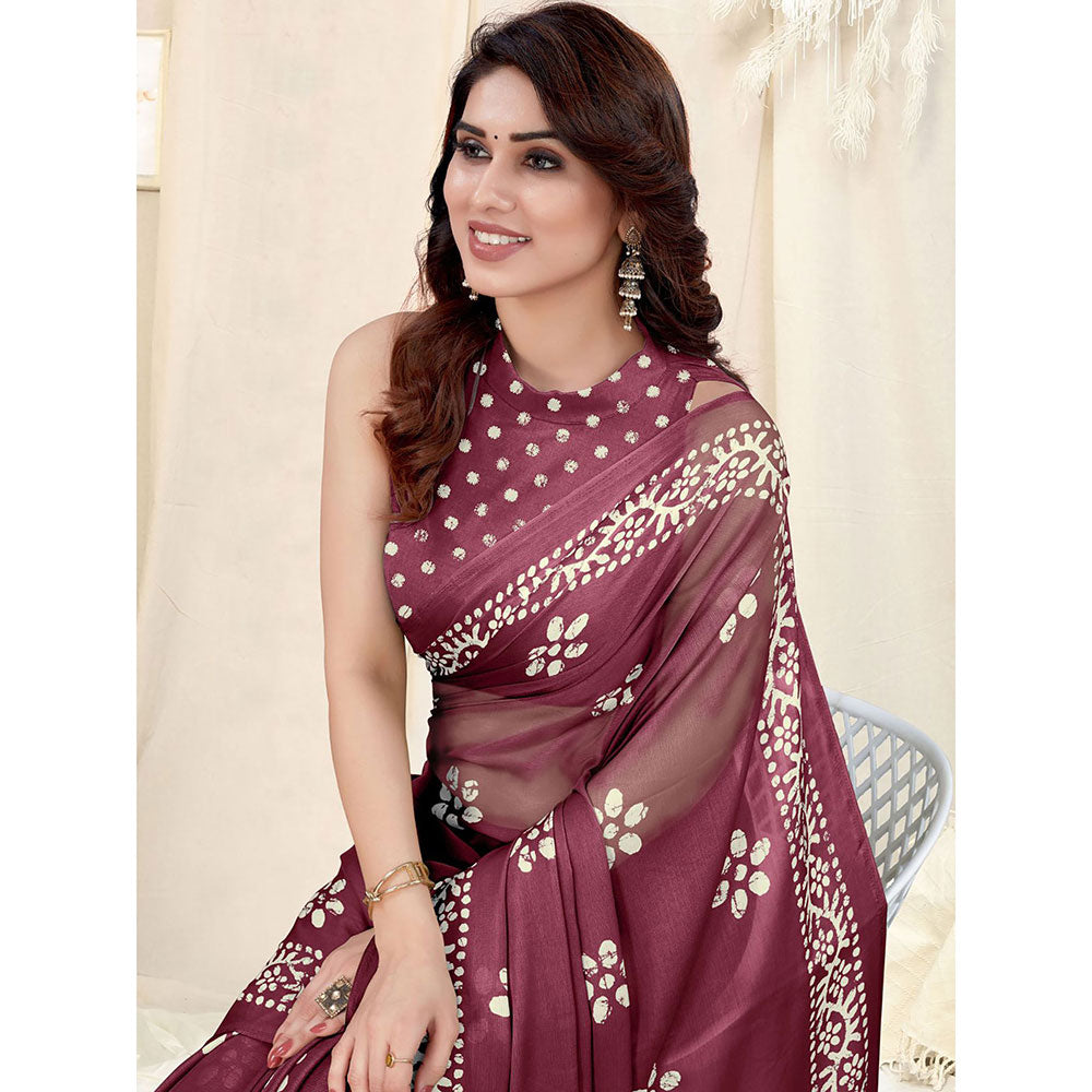 Odette Partywear Magenta Printed Chinon Chiffon Saree with Unstitched Blouse for Women