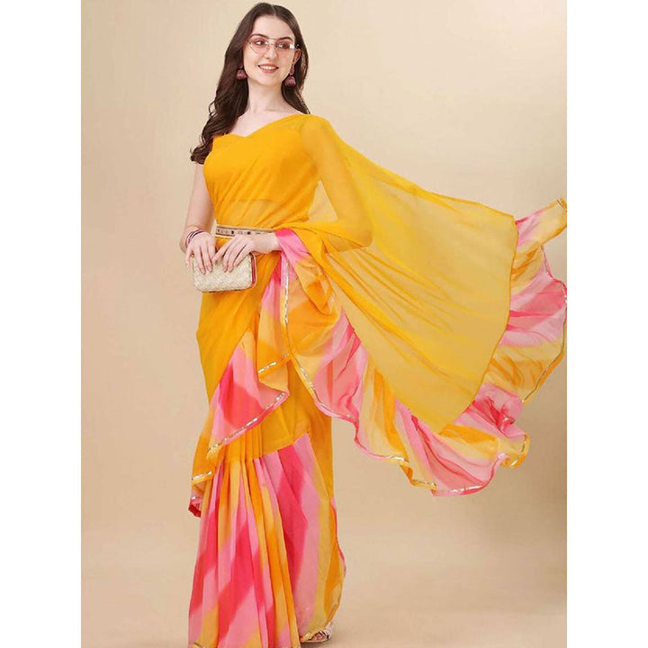 Odette Designer Yellow Printed Ruffle Saree with Unstitched Blouse and Belt for Women