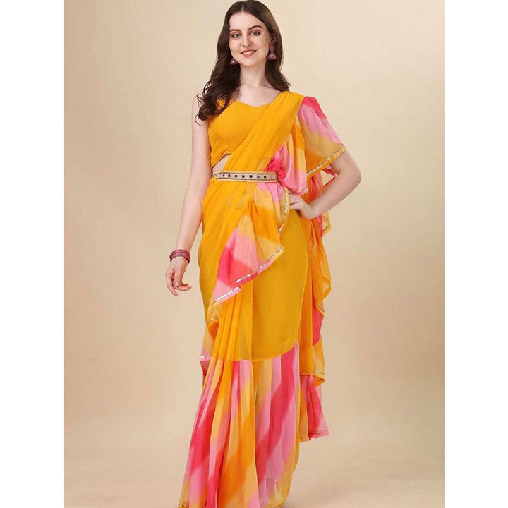 Odette Designer Yellow Printed Ruffle Saree with Unstitched Blouse and Belt for Women