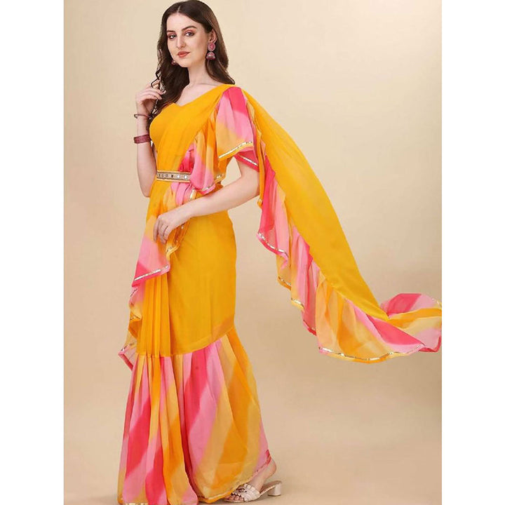 Odette Designer Yellow Printed Ruffle Saree with Unstitched Blouse and Belt for Women